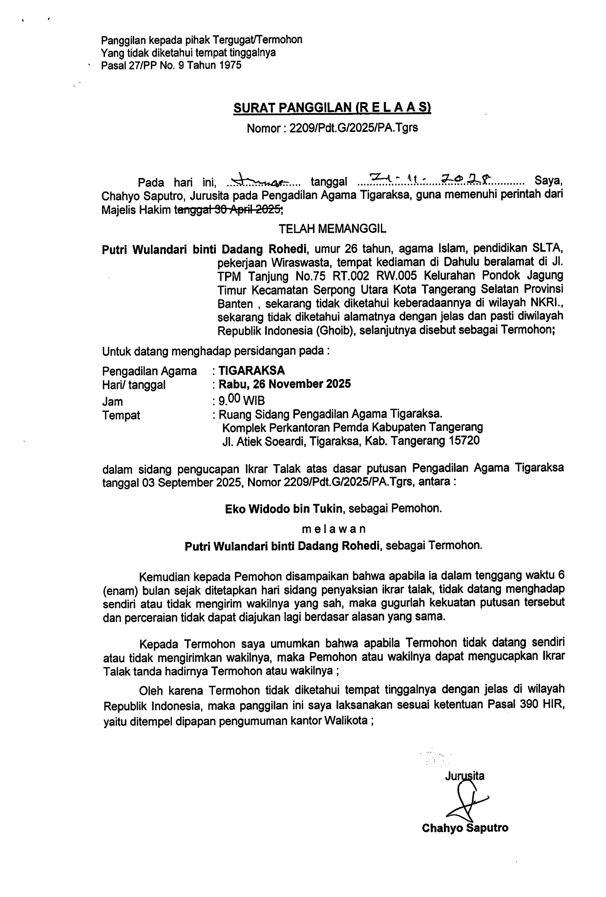 Surat Panggilan (R E L A A S) Nomor 2209/Pdt.G/2025/PA.Tgrs