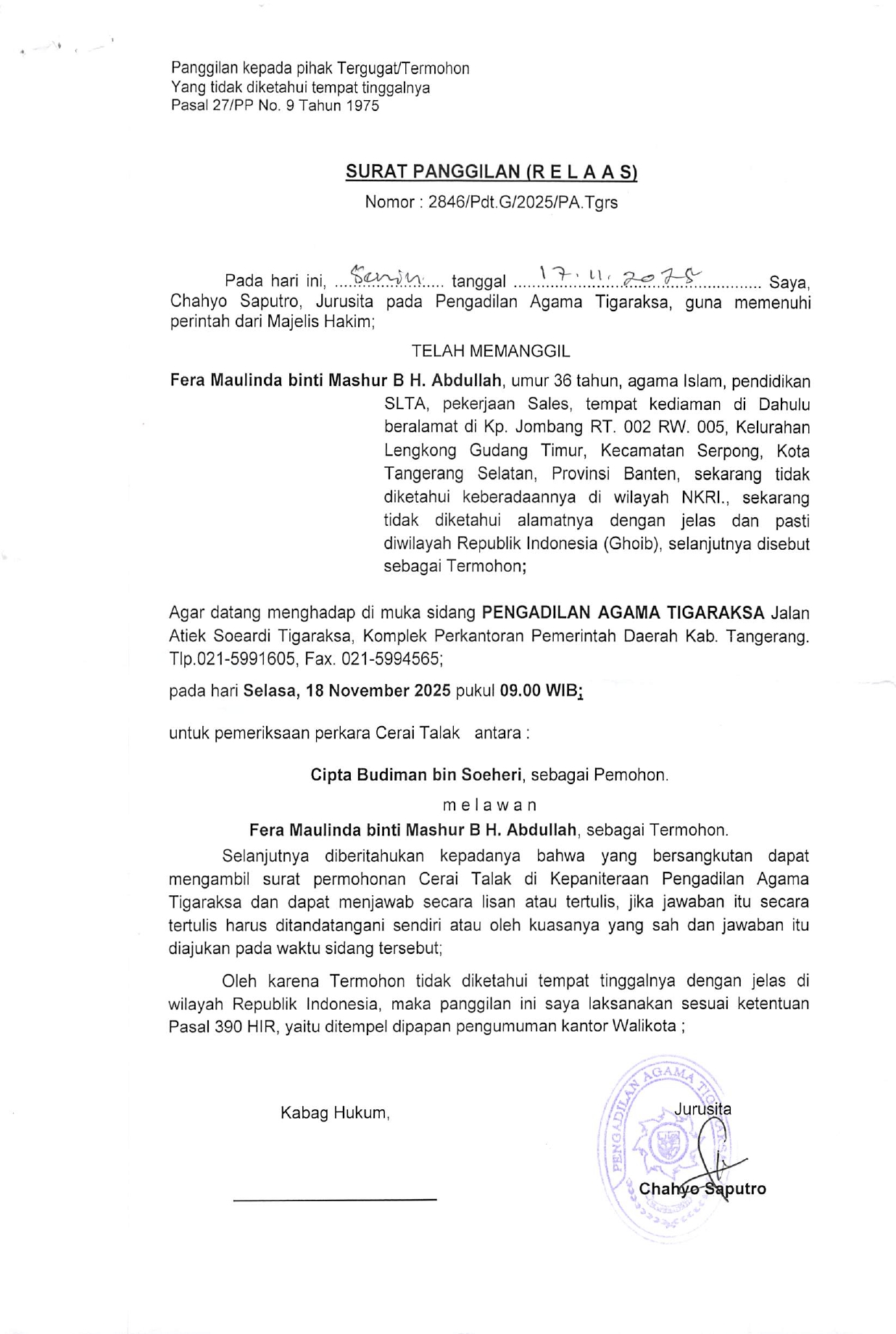 Surat Panggilan (R E L A A S) Nomor 2846/Pdt.G/2025/PA.Tgrs
