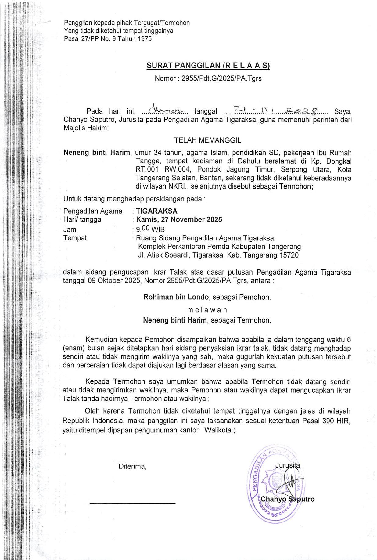 Surat Panggilan (R E L A A S) Nomor 2955/Pdt.G/2025/PA.Tgrs