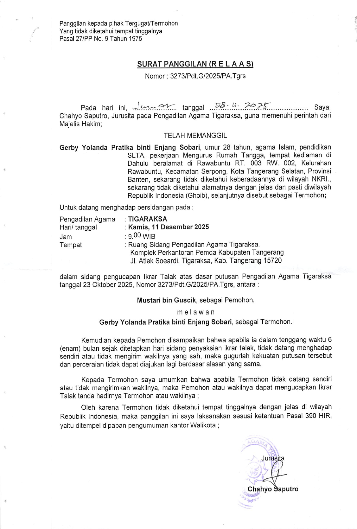 Surat Panggilan (R E L A A S) Nomor 3273/Pdt.G/2025/PA.Tgrs