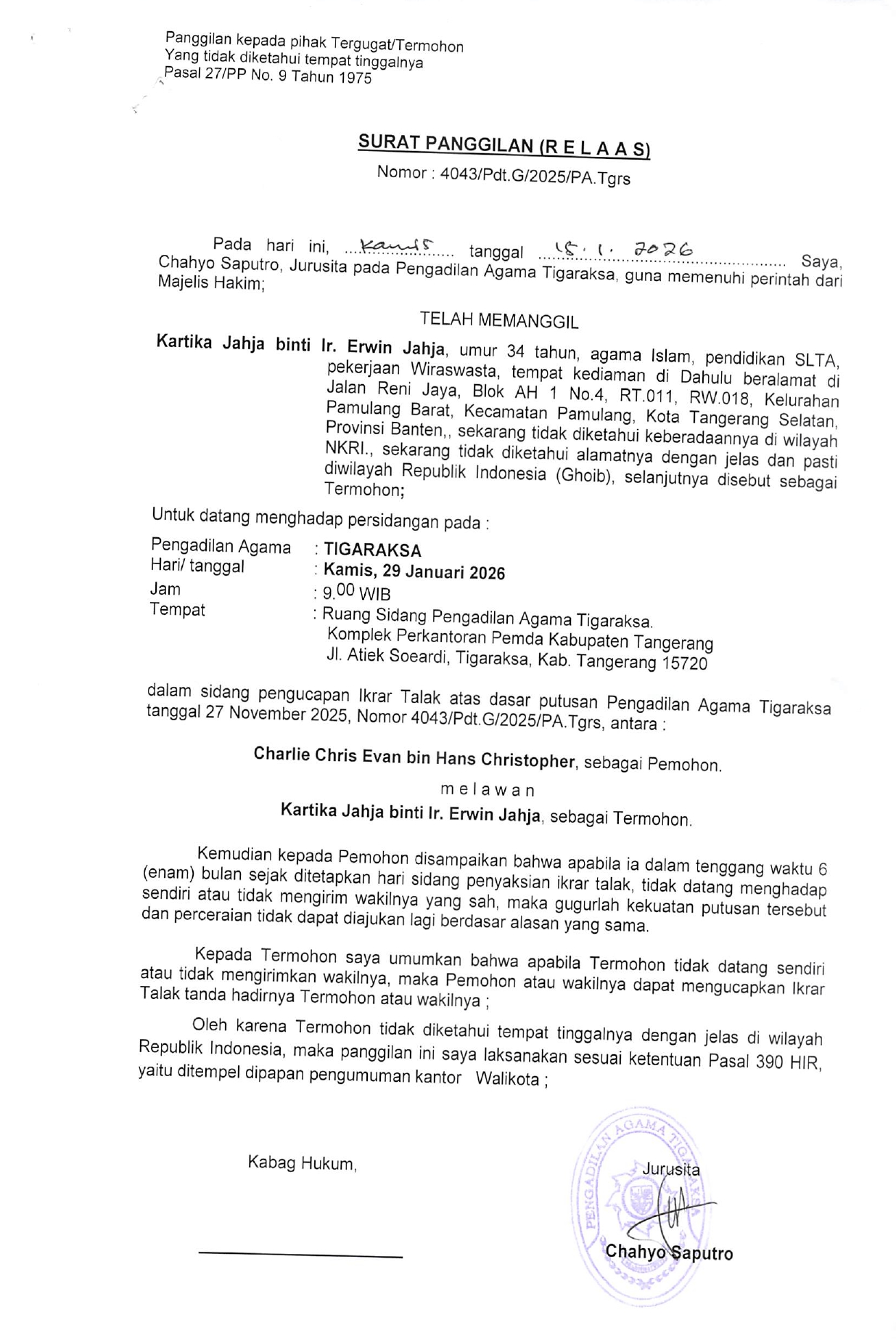 Surat Panggilan (R E L A A S) Nomor 4043/Pdt.G/2025/PA.Tgrs
