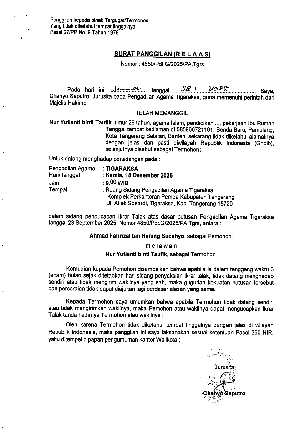 Surat Panggilan (R E L A A S) Nomor 4850/Pdt.G/2025/PA.Tgrs
