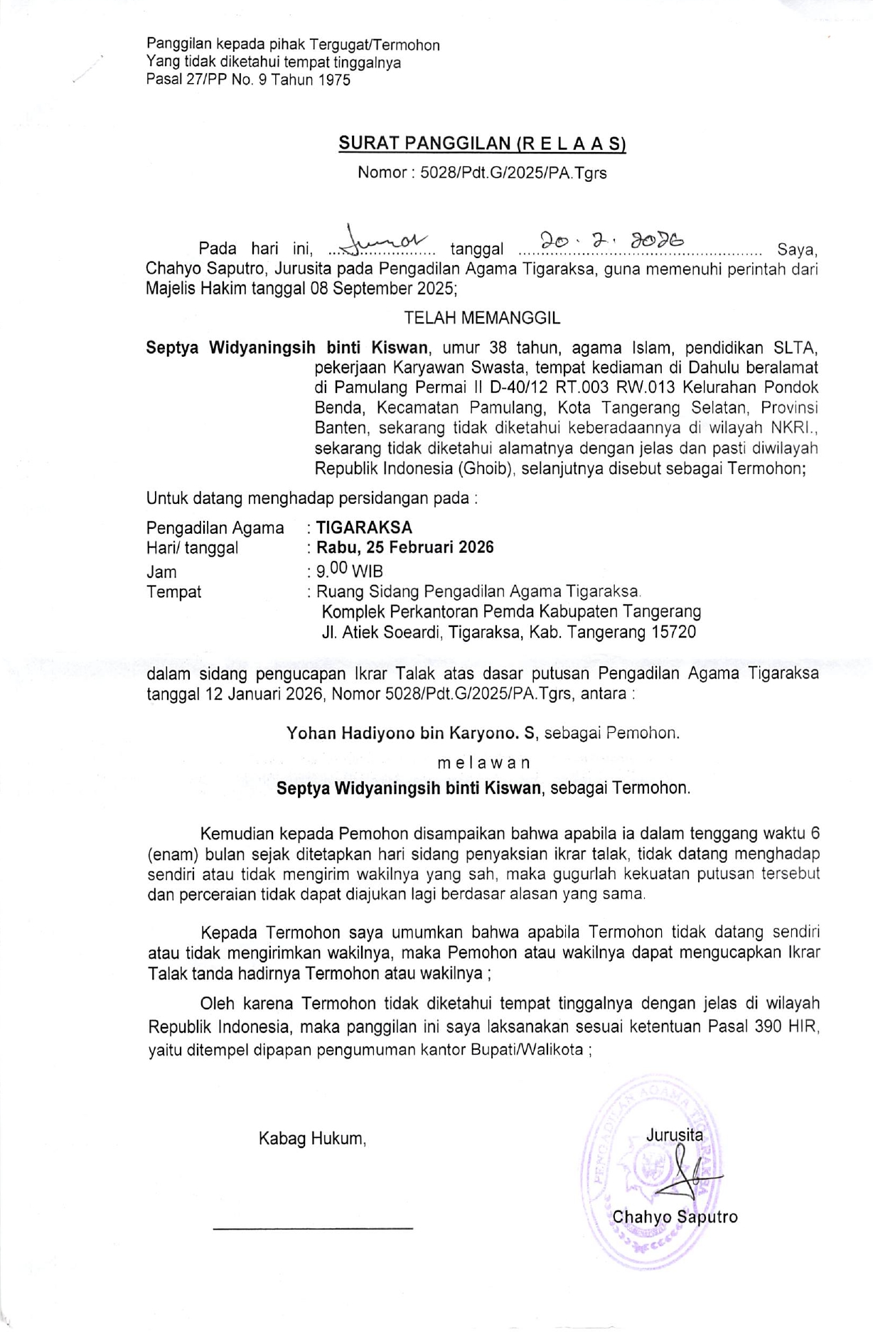 Surat Panggilan (R E L A A S) Nomor 5028/Pdt.G/2025/PA.Tgrs