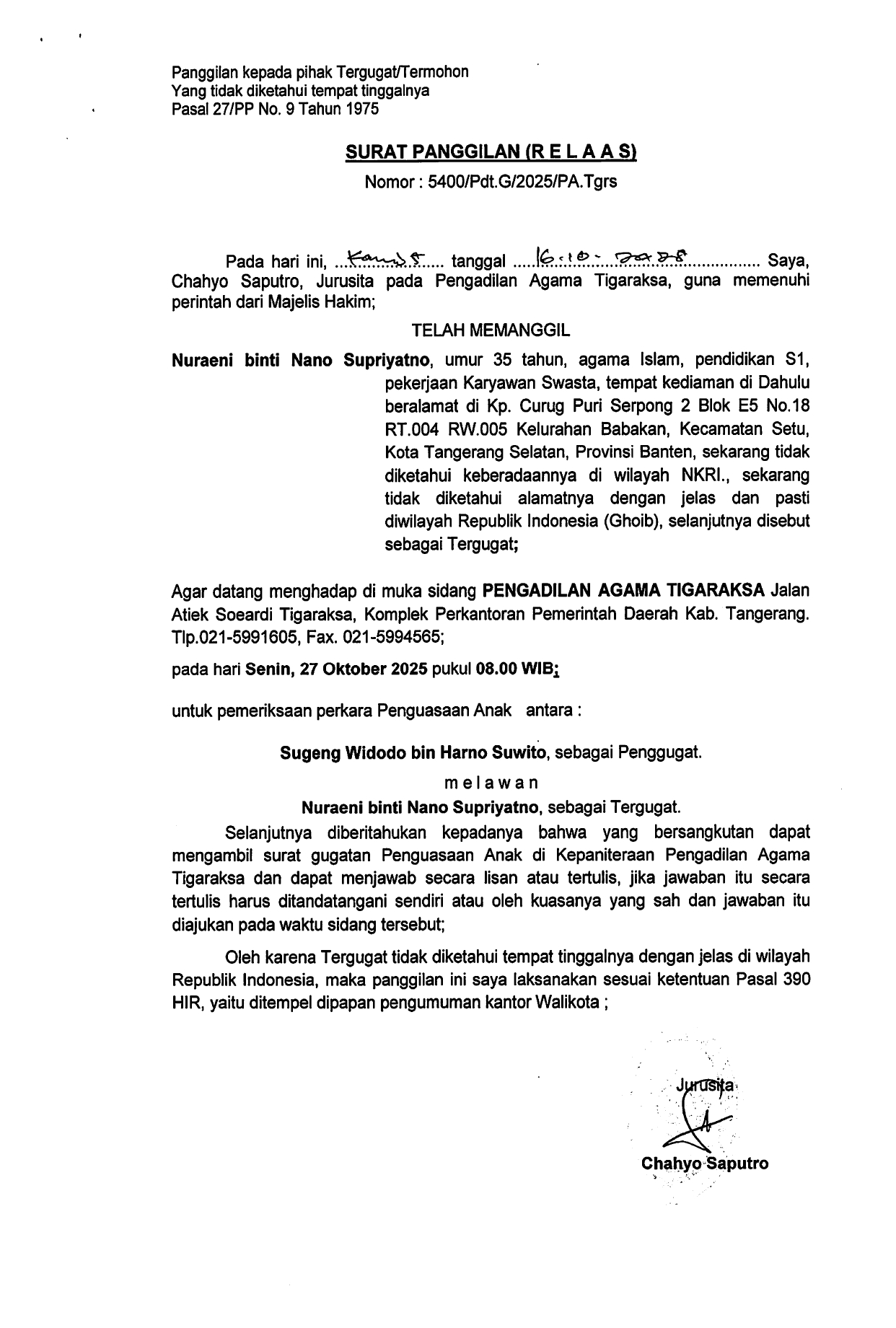 Surat Panggilan (R E L A A S) Nomor 5400/Pdt.G/2025/PA.Tgrs