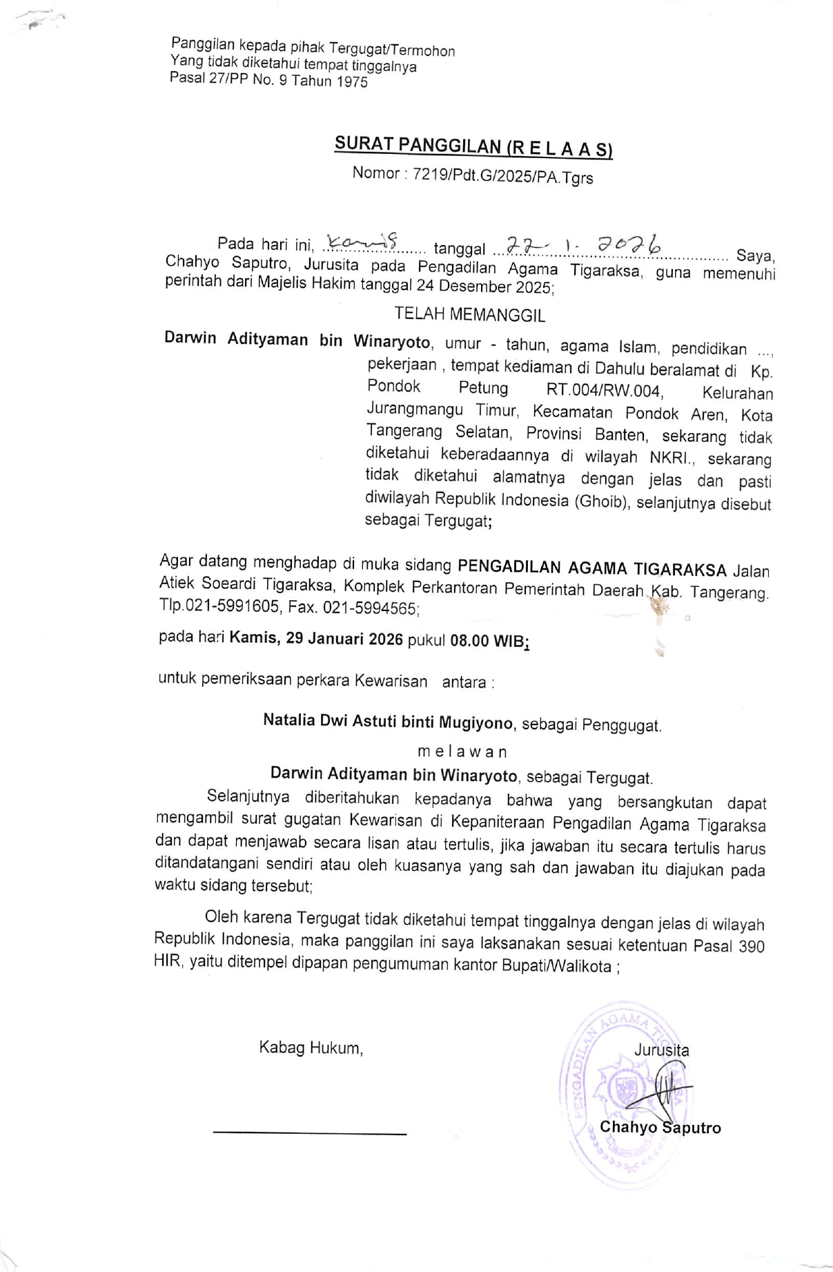 Surat Panggilan ( R E L A A S ) Nomor 7219/Pdt.G/2025/PA. Tgrs