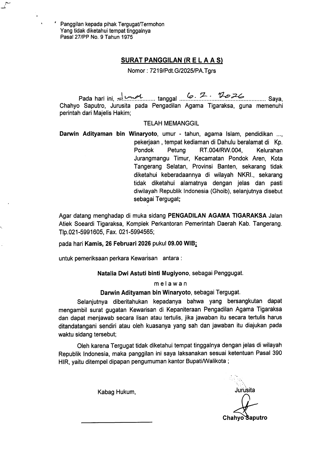 Surat Panggilan (R E L A A S) Nomor 7219/Pdt.G/2025/PA.Tgrs