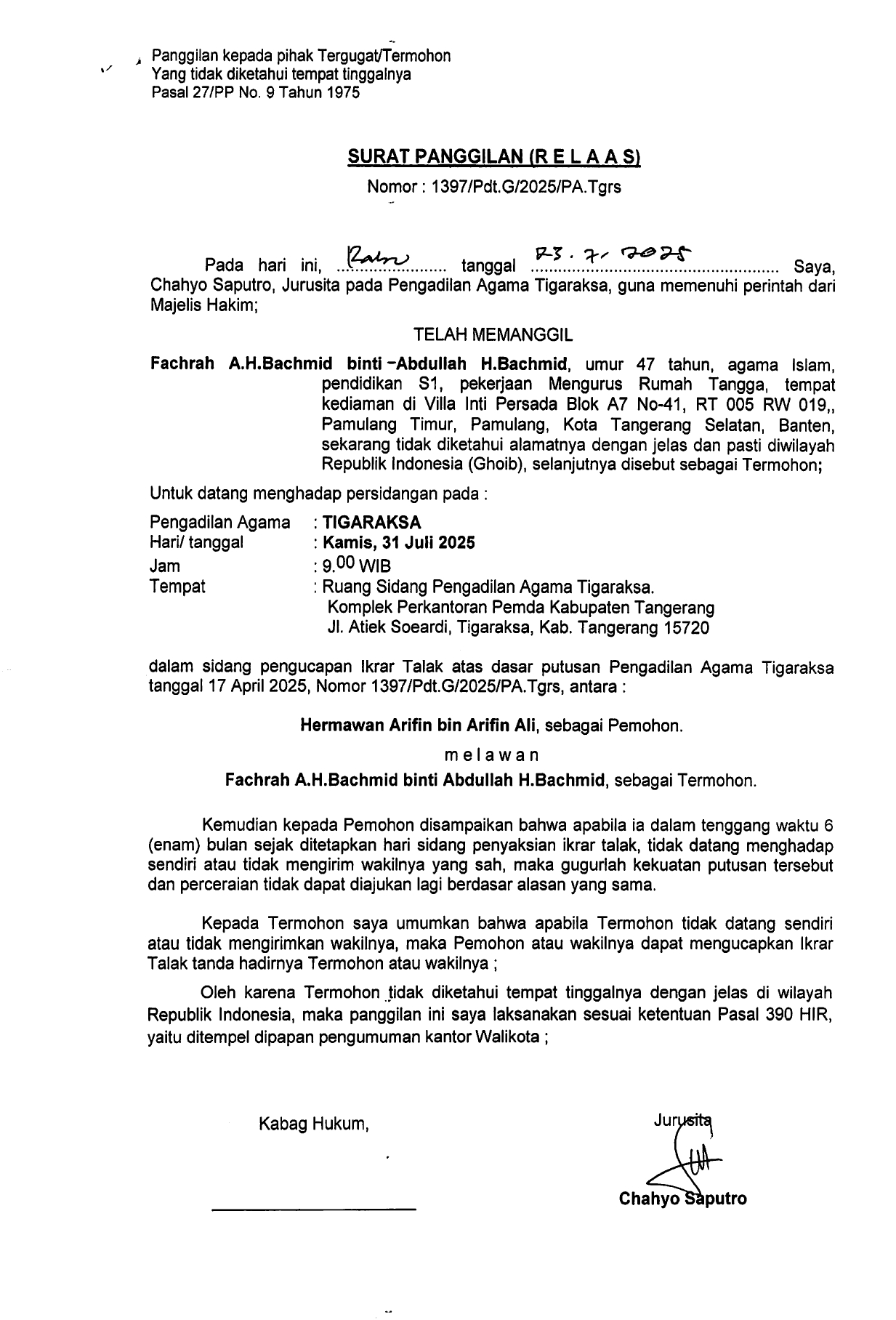 Surat Panggilan (Relaas) Nomor: 5400/Pdt.G/2025/PA. Tgrs