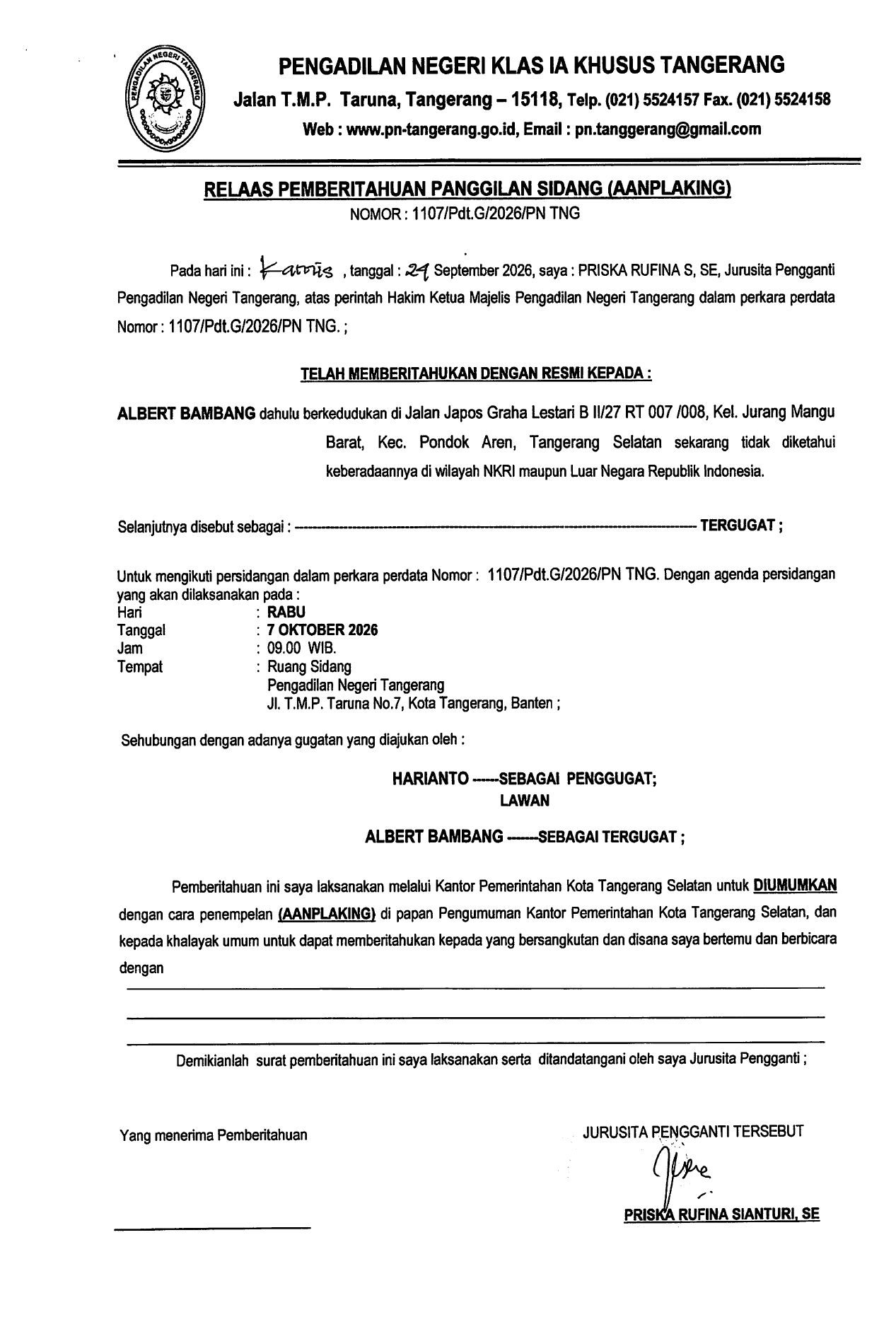 Relaas Pemberitahuan Panggilan Sidang (AANPLAKING) Nomor 1107/Pdt.G/2026/PN.TNG
