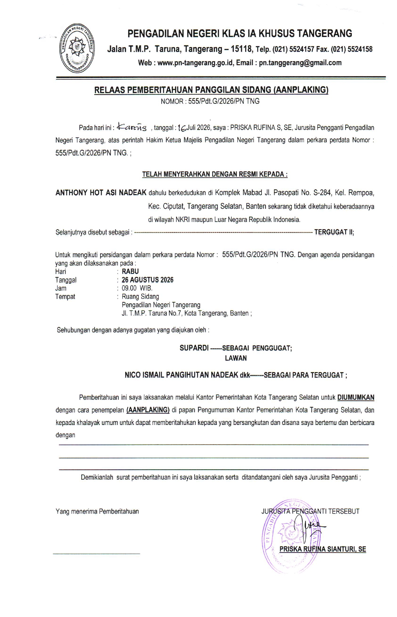Relaas Pemberitahuan Panggilan Sidang (AANPLAKING) Nomor 555/Pdt.G/2026/PN TNG