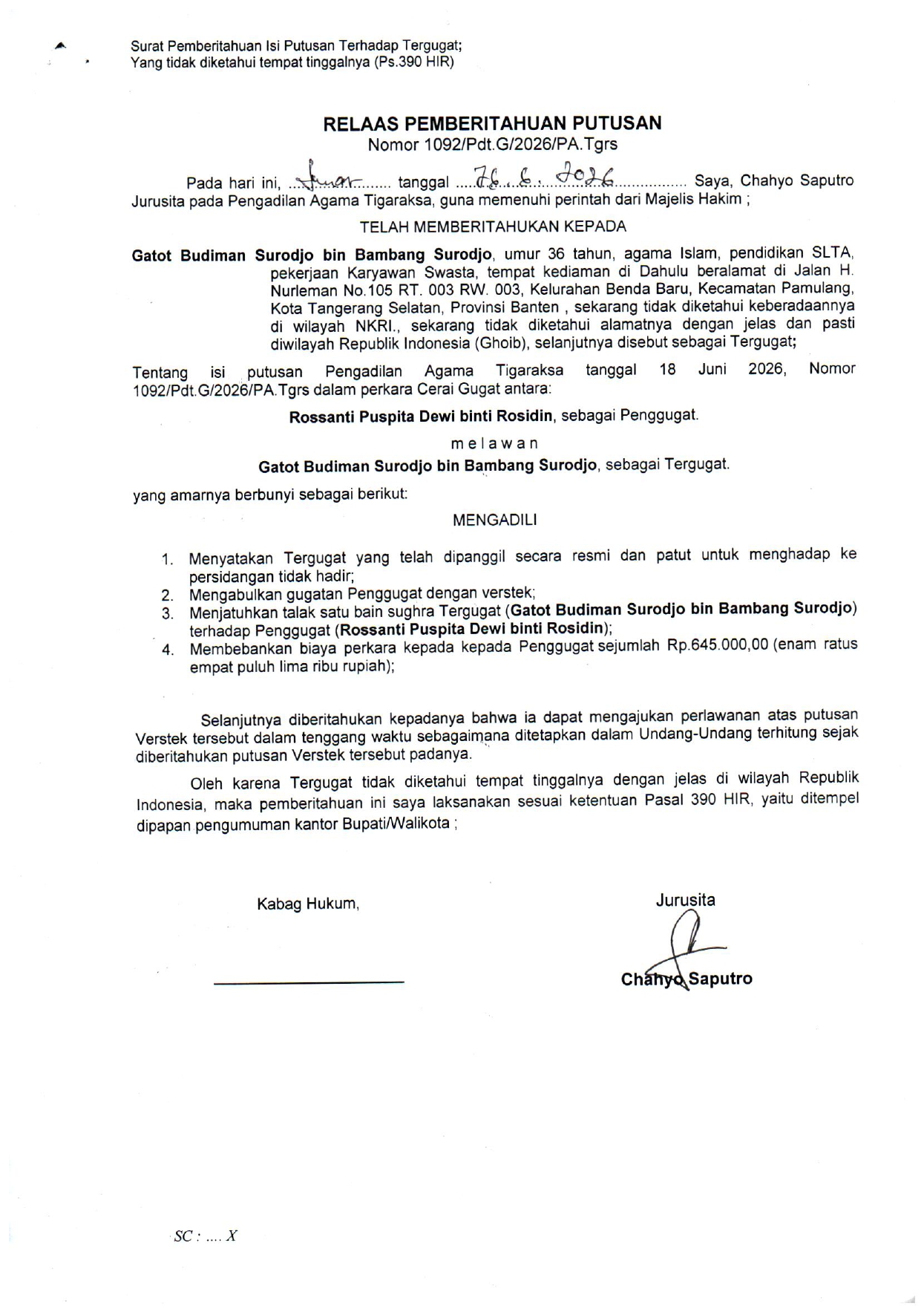 Relaas Pemberitahuan Putusan Nomor 1092/Pdt.G/2026/PA.Tgrs