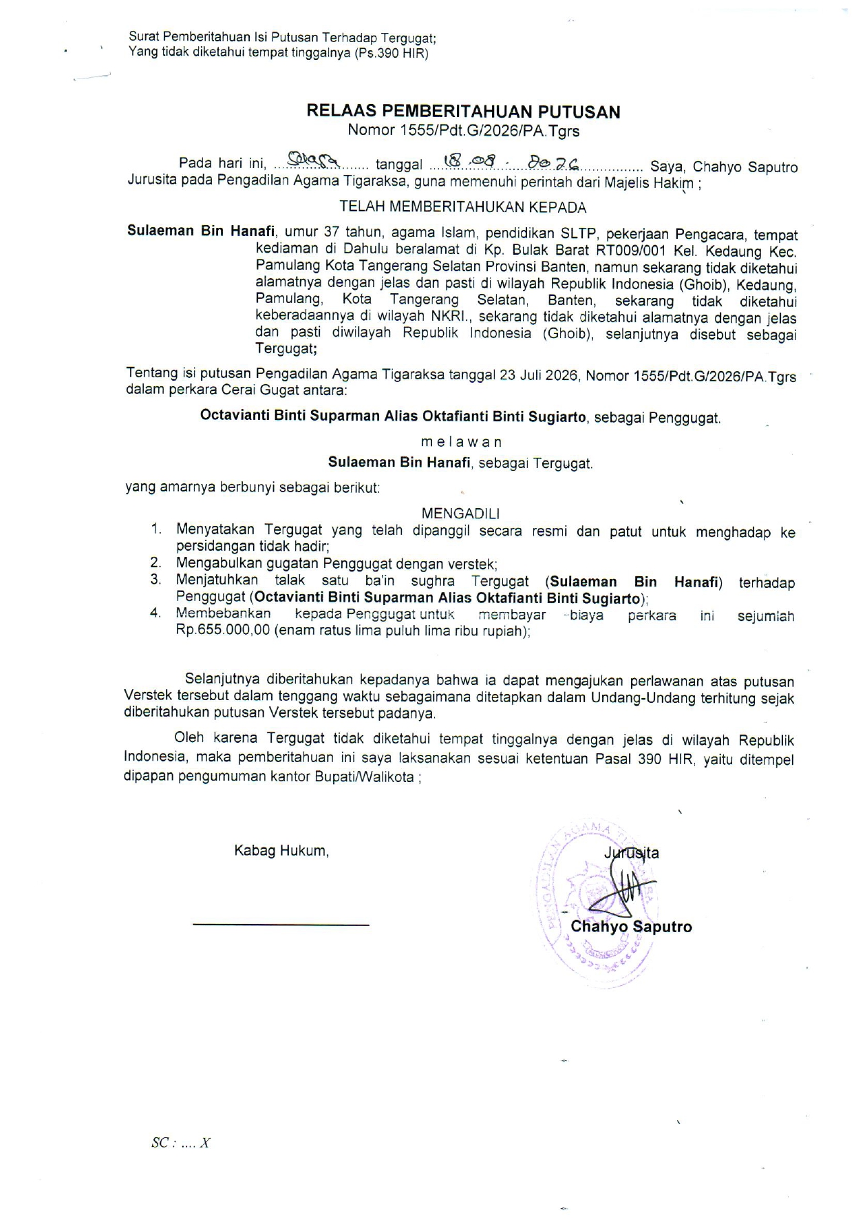 Relaas Pemberitahuan Putusan Nomor 1555/Pdt.G/2026/PA. Tgrs