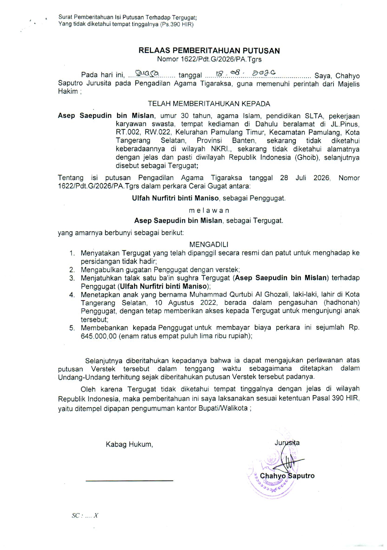 Relaas Pemberitahuan Putusan Nomor 1622/Pdt.G/2026/PA. Tgrs