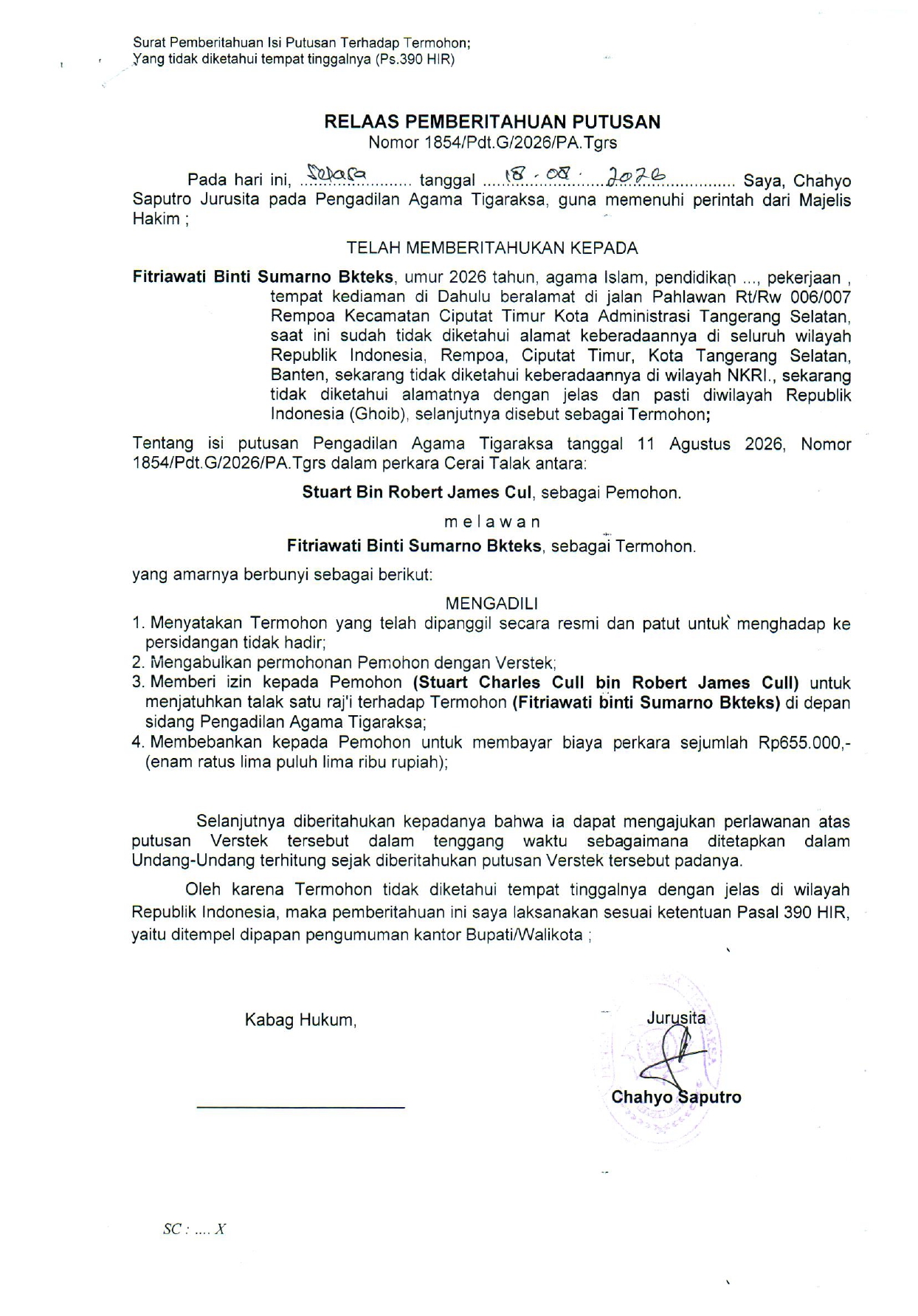 Relaas Pemberitahuan Putusan Nomor 1854/Pdt.G/2026/PA. Tgrs