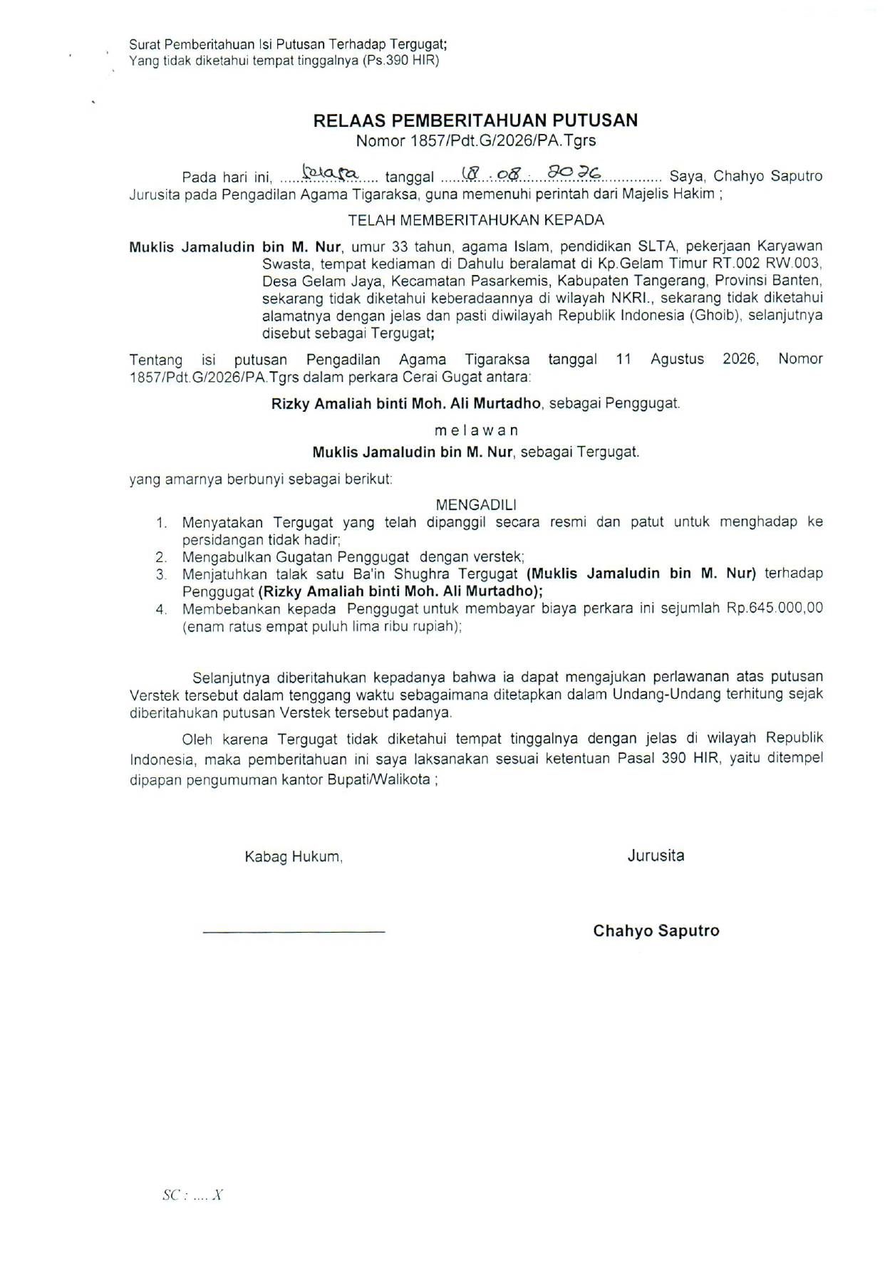 Relaas Pemberitahuan Putusan Nomor 1857/Pdt.G/2026/PA. Tgrs