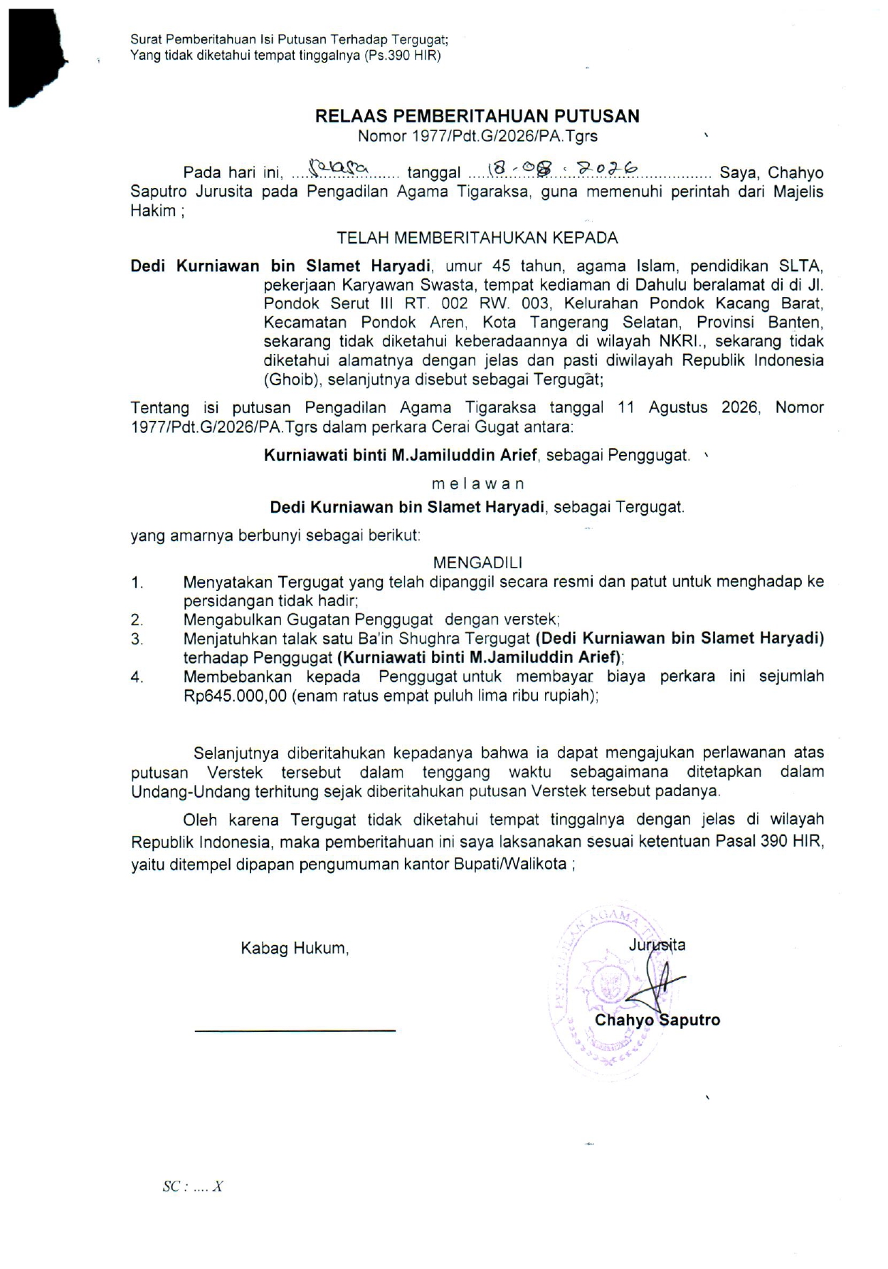Relaas Pemberitahuan Putusan Nomor 1977/Pdt.G/2026/PA. Tgrs