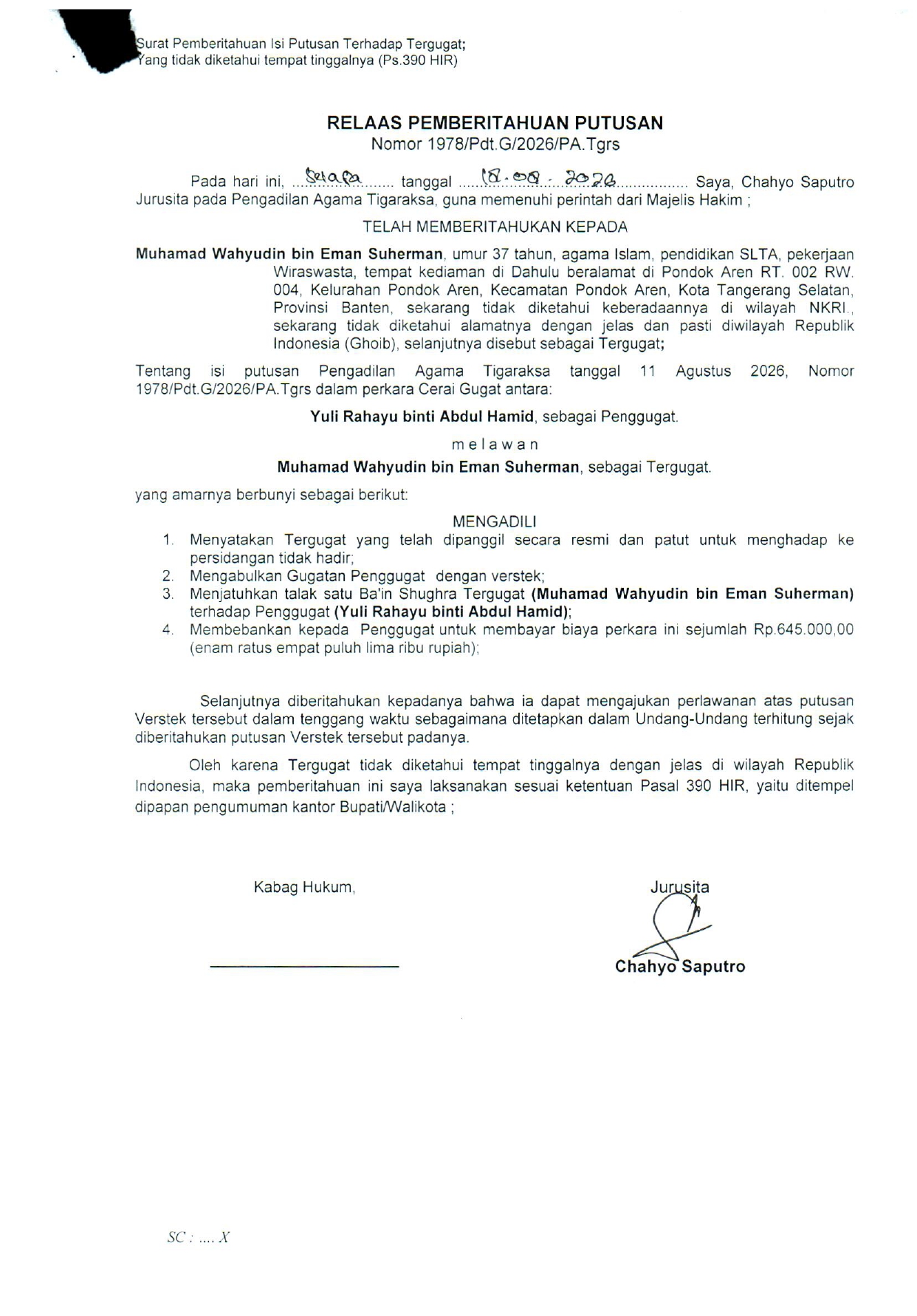 Relaas Pemberitahuan Putusan Nomor 1978/Pdt.G/2026/PA. Tgrs