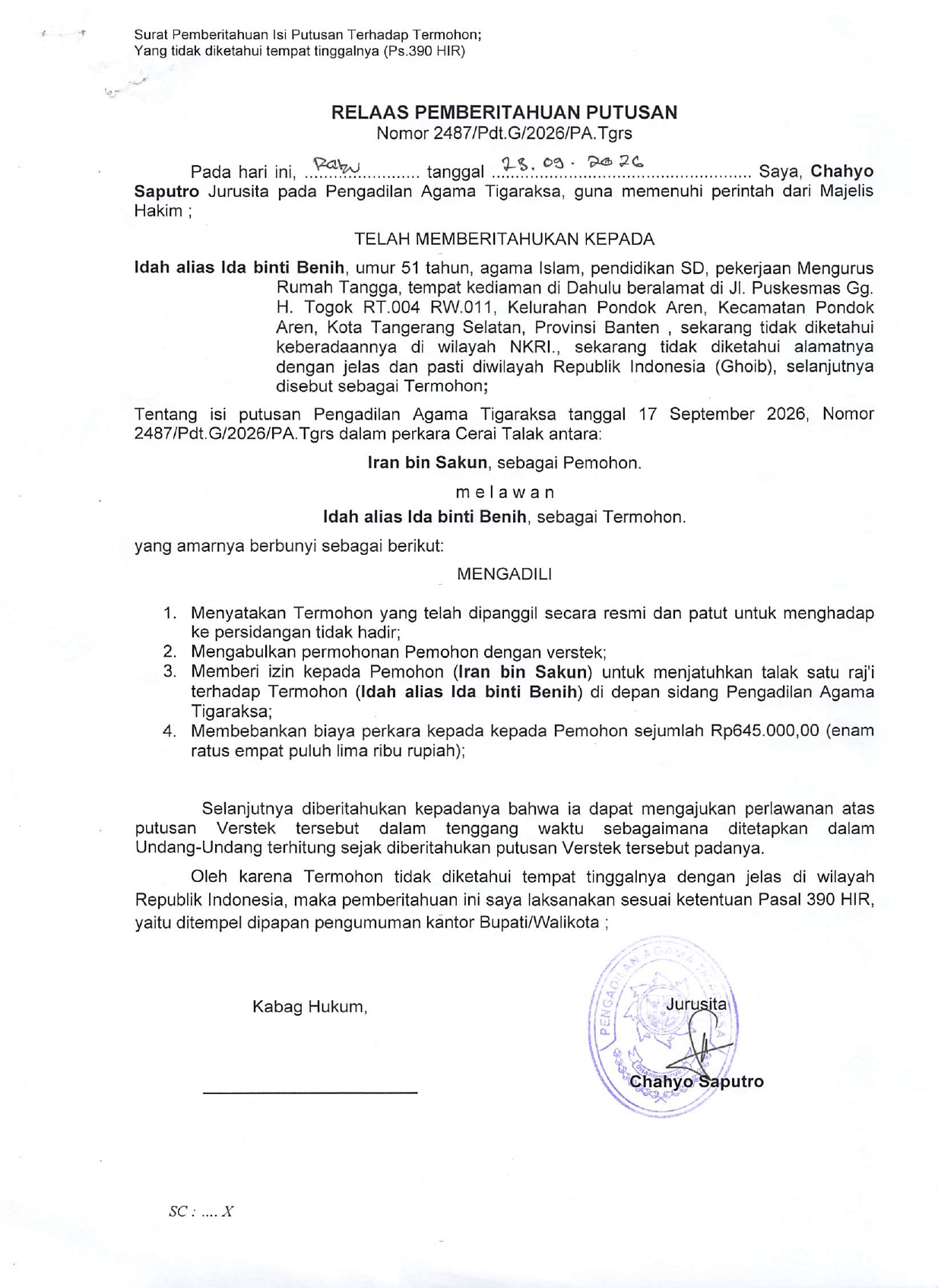 Relaas Pemberitahuan Putusan Nomor 2487/Pdt.G/2026/PA.Tgrs