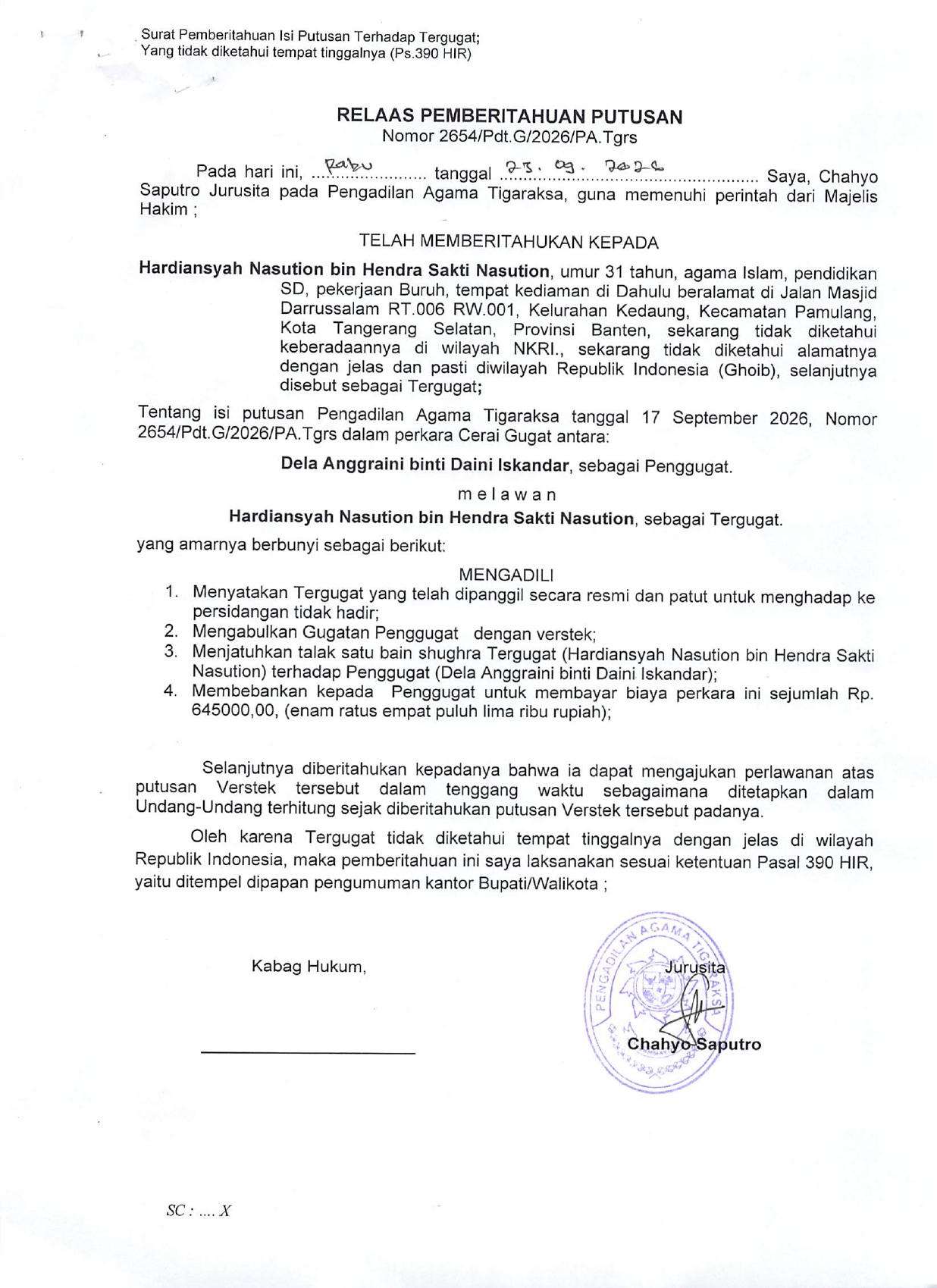 Relaas Pemberitahuan Putusan Nomor 2654/Pdt.G/2026/PA.Tgrs