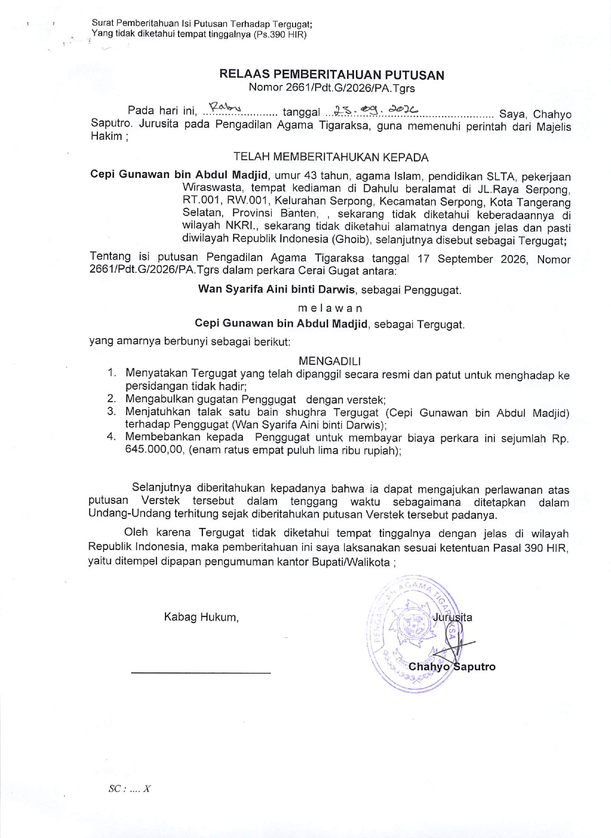 Relaas Pemberitahuan Putusan Nomor 2661/Pdt.G/2026/PA.Tgrs