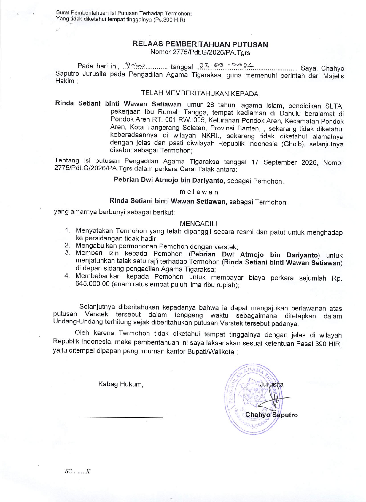 Relaas Pemberitahuan Putusan Nomor 2775/Pdt.G/2026/PA.Tgrs
