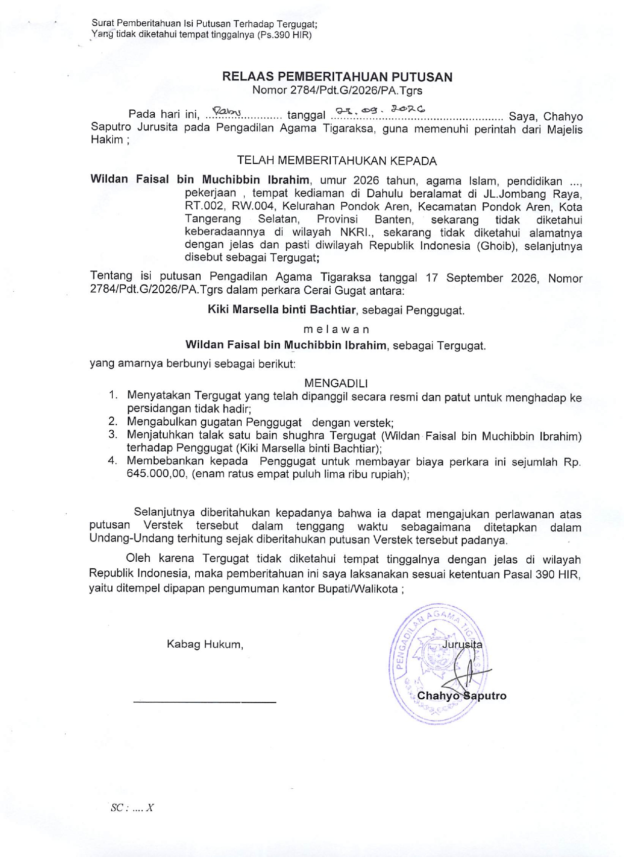 Relaas Pemberitahuan Putusan Nomor 2784/Pdt.G/2026/PA.Tgrs