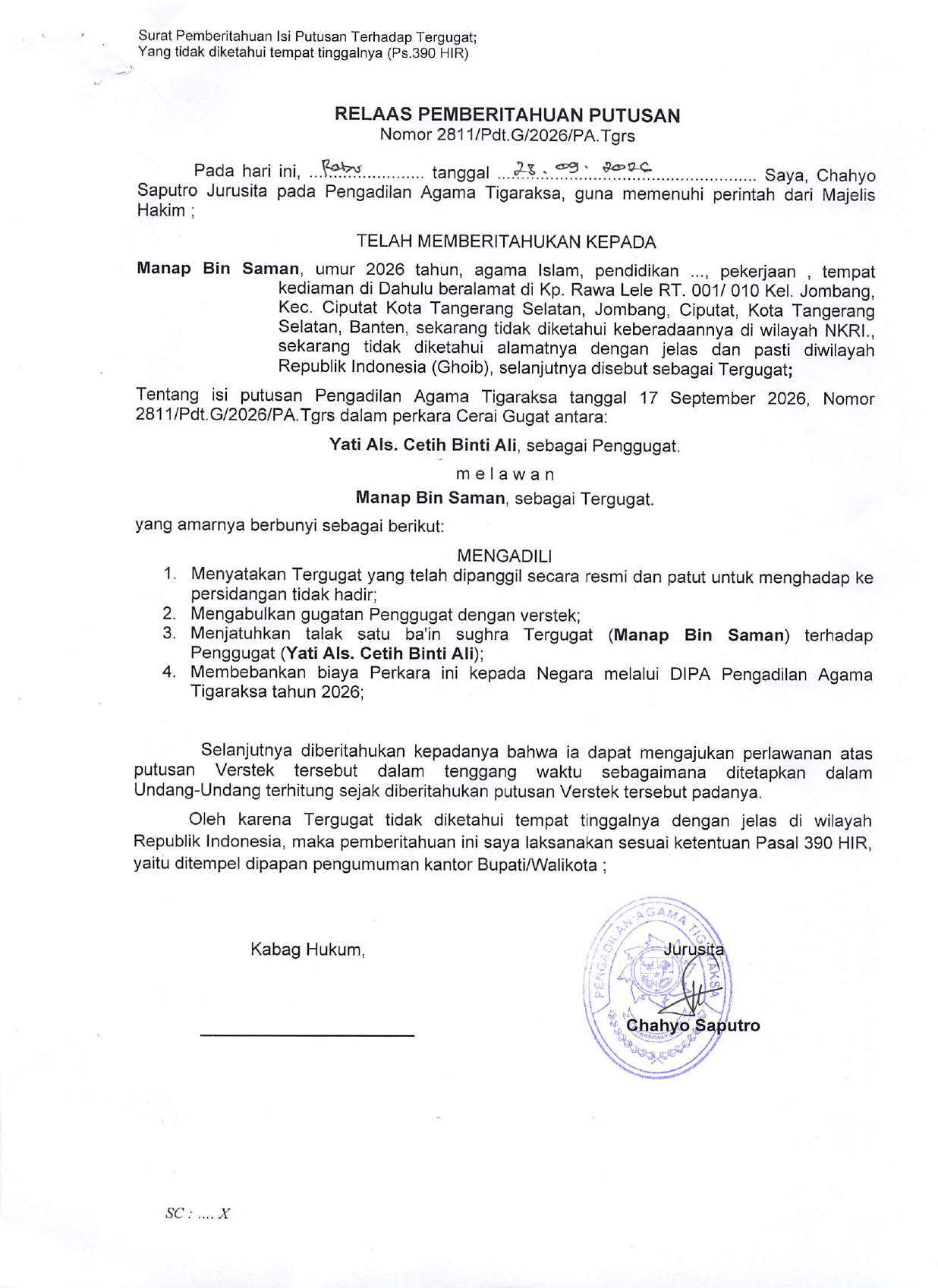 Relaas Pemberitahuan Putusan Nomor 2811/Pdt.G/2026/PA.Tgrs