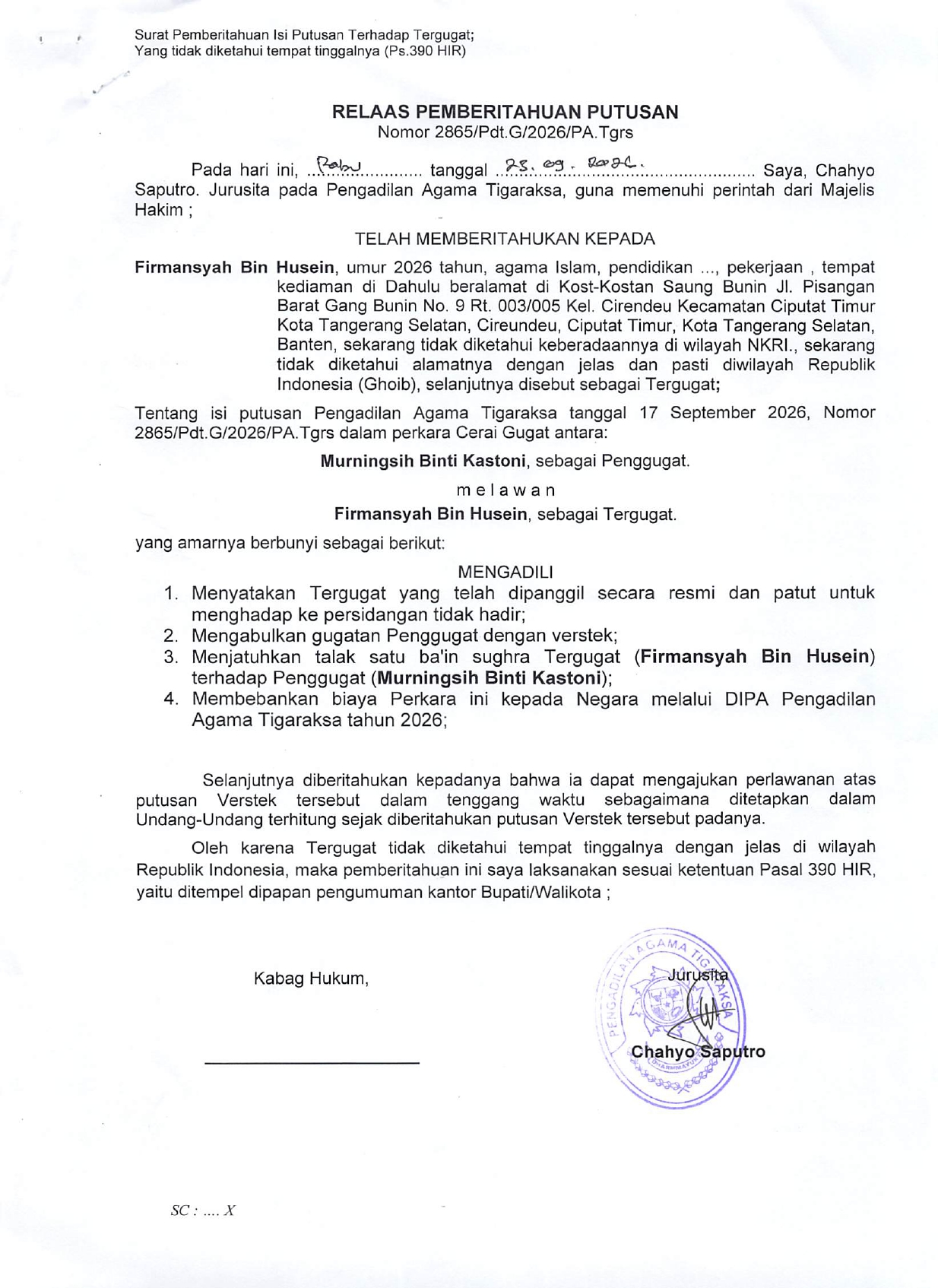 Relaas Pemberitahuan Putusan Nomor 2865/Pdt.G/2026/PA.Tgrs