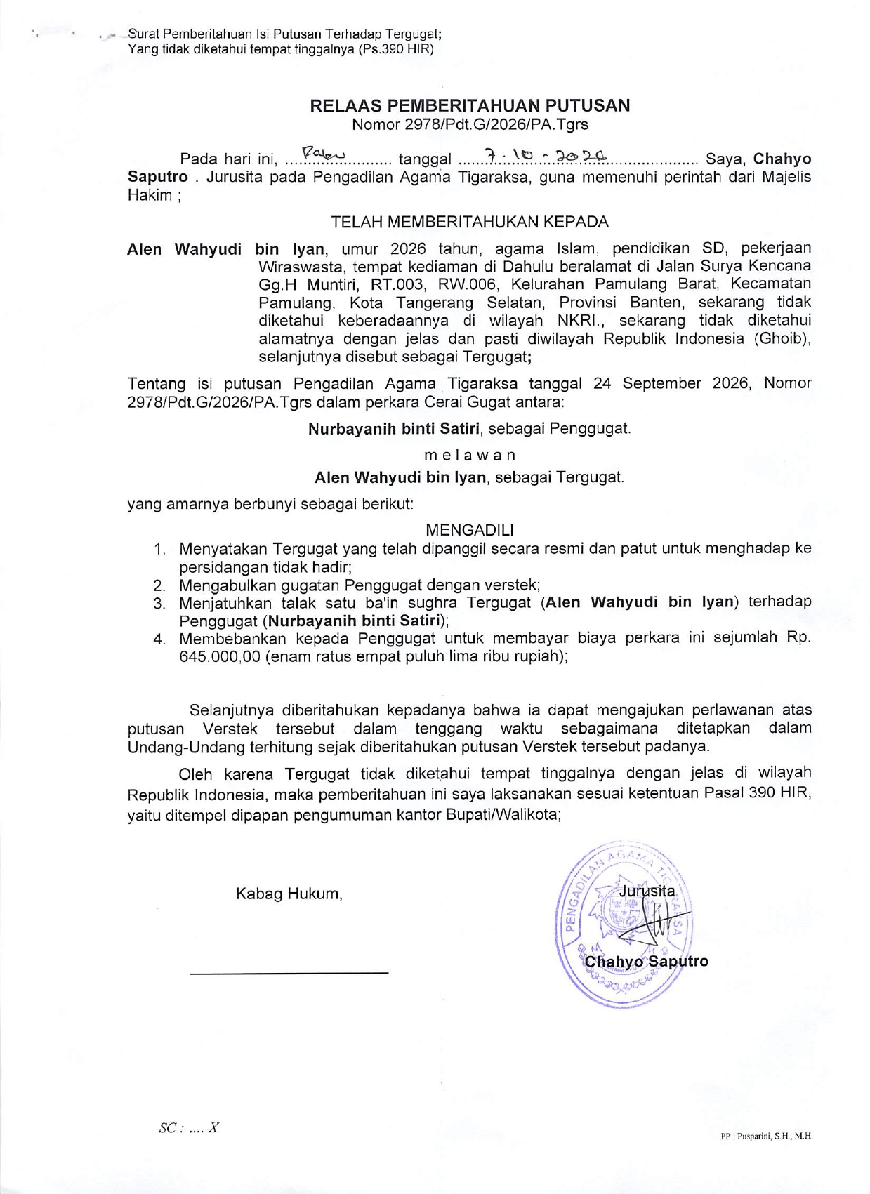 Relaas Pemberitahuan Putusan Nomor 2978/Pdt.G/2026/PA.Tgrs