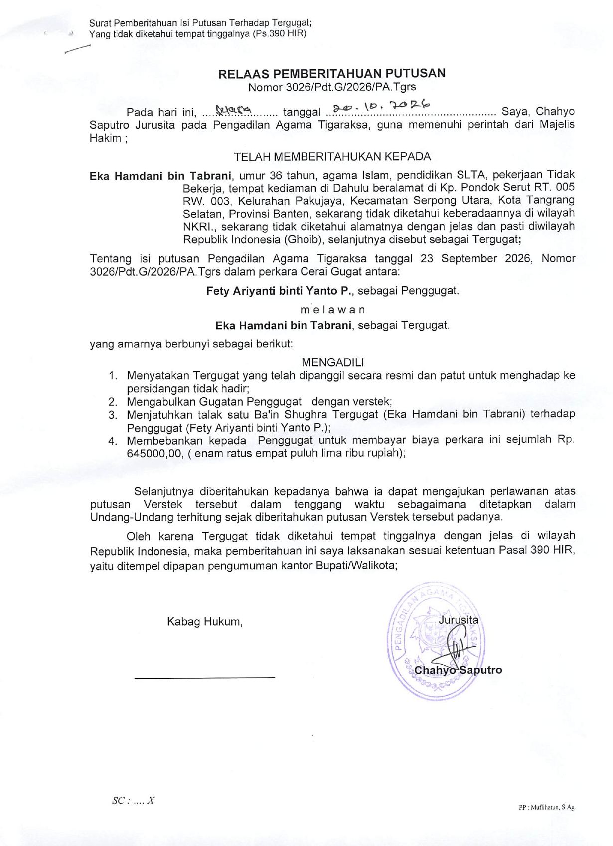 Relaas Pemberitahuan Putusan Nomor 3026/Pdt.G/2026/PA.Tgrs