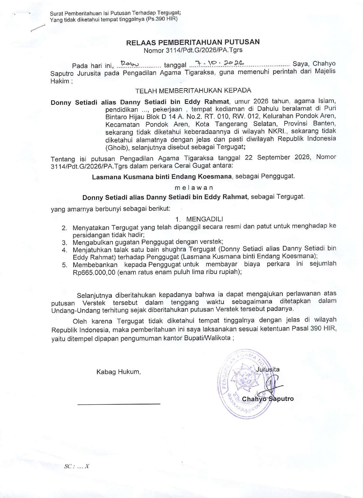 Relaas Pemberitahuan Putusan Nomor 3114/Pdt.G/2026/PA.Tgrs