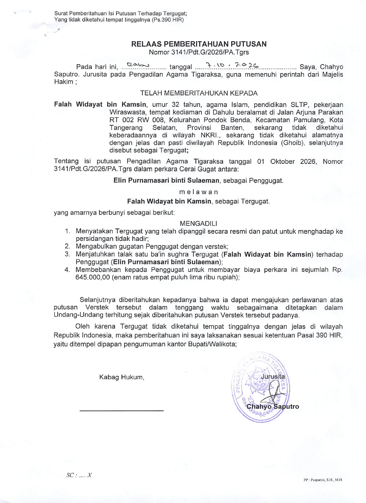 Relaas Pemberitahuan Putusan Nomor 3141/Pdt.G/2026/PA.Tgrs