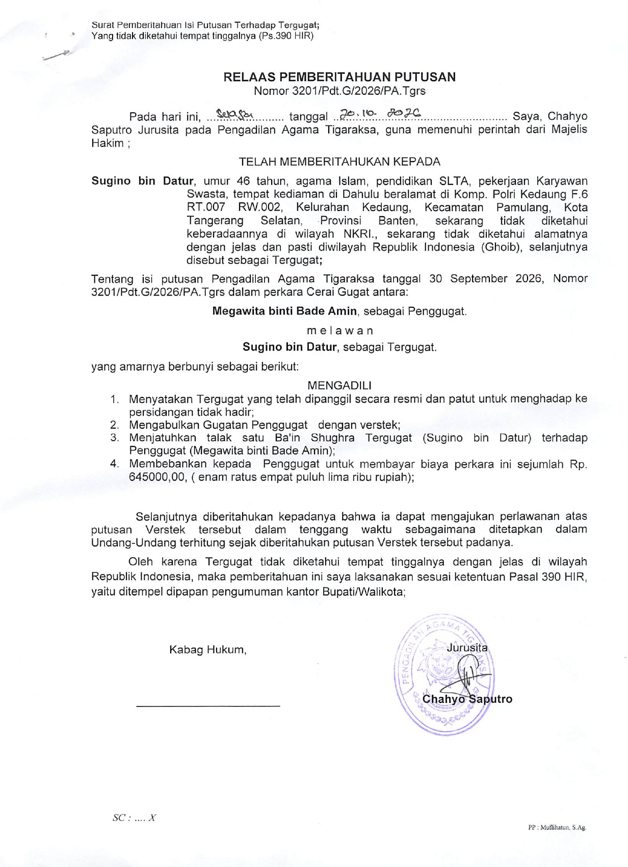 Relaas Pemberitahuan Putusan Nomor 3201/Pdt.G/2026/PA.Tgrs