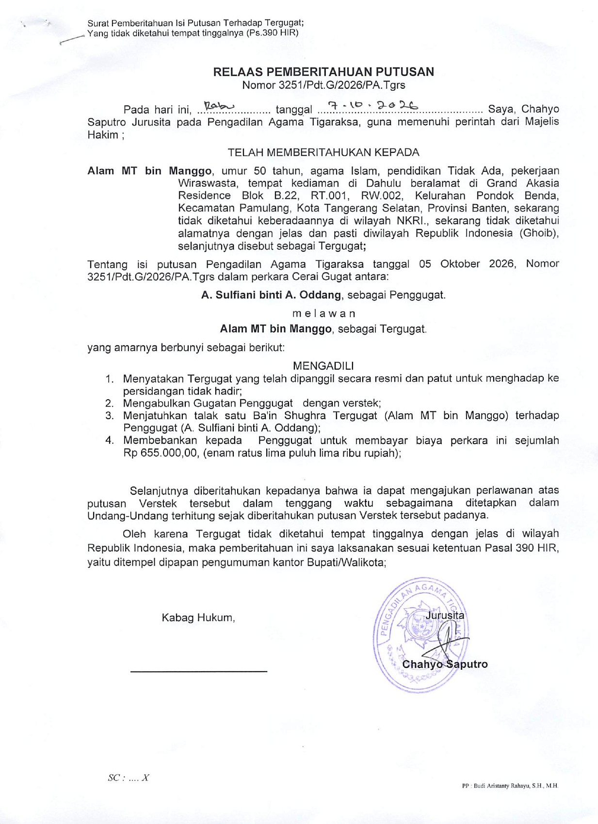 Relaas Pemberitahuan Putusan Nomor 3251/Pdt.G/2026/PA.Tgrs