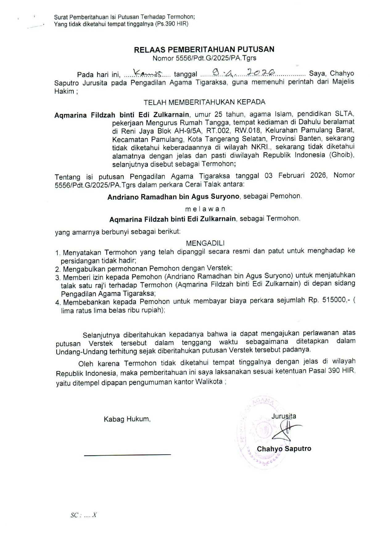 Relaas Pemberitahuan Putusan Nomor 5556/Pdt.G/2025/PA.Tgrs