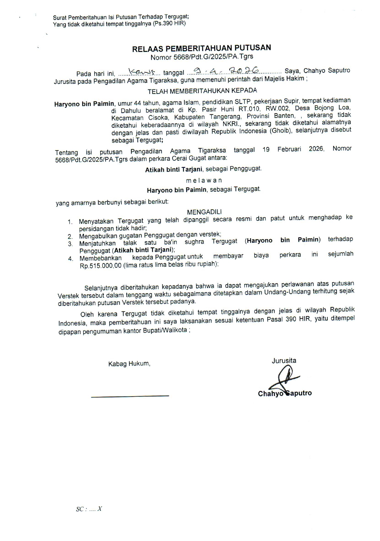 Relaas Pemberitahuan Putusan Nomor 5668/Pdt.G/2025/PA.Tgrs