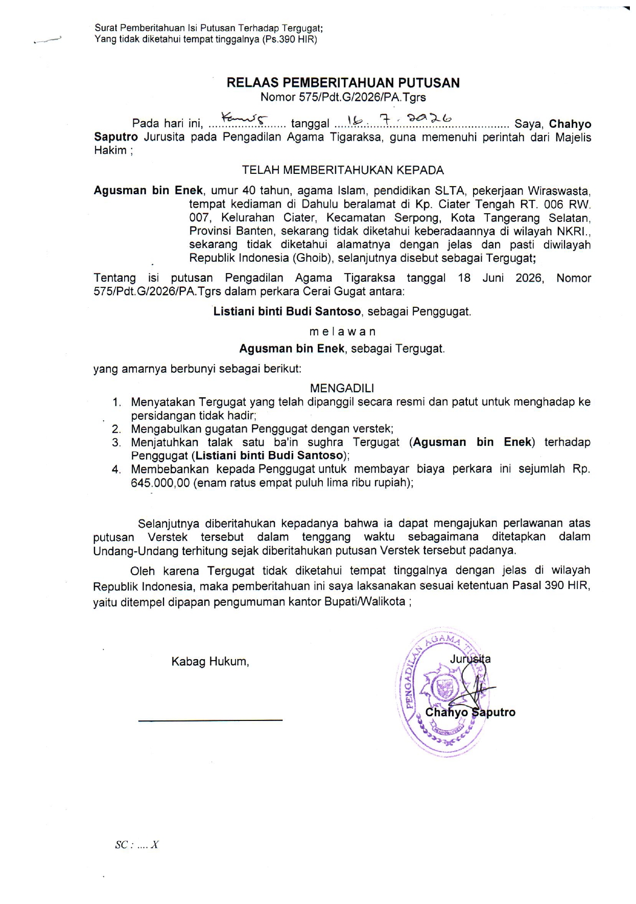 Relaas Pemberitahuan Putusan Nomor 575/Pdt.G/2026/PA.Tgrs