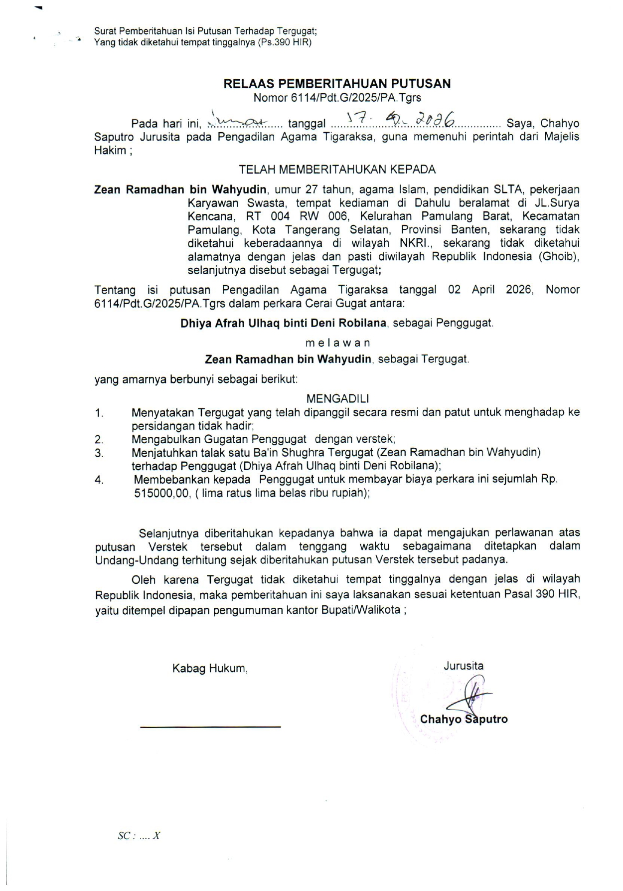 Relaas Pemberitahuan Putusan Nomor 6114/Pdt.G/2025/PA.Tgrs