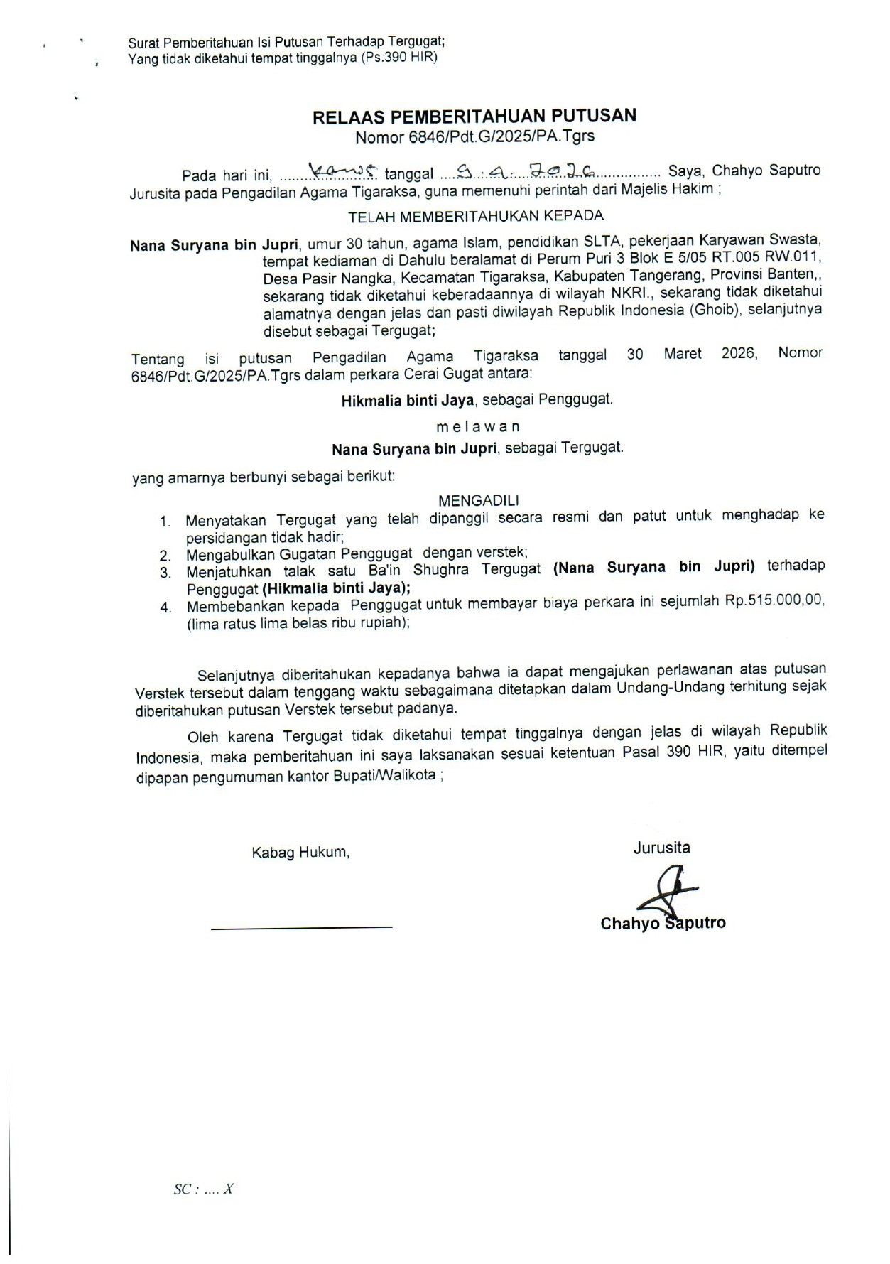 Relaas Pemberitahuan Putusan Nomor 6846/Pdt.G/2025/PA.Tgrs