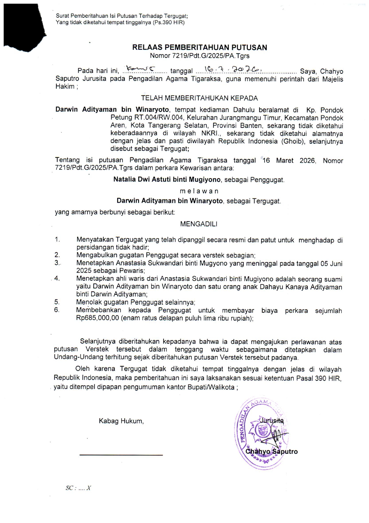 Relaas Pemberitahuan Putusan Nomor 7219/Pdt.G/2025/PA.Tgrs