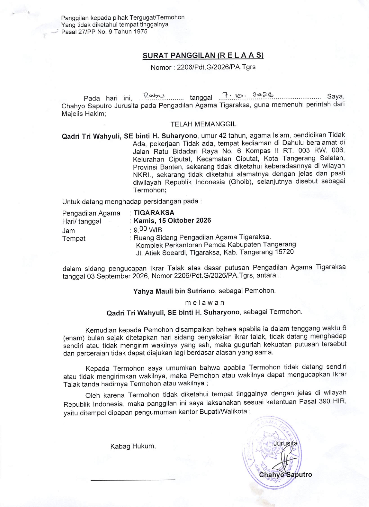 Surat Panggilan ( R E L A A S ) Nomor 2206/Pdt.G/2026/PA.Tgrs