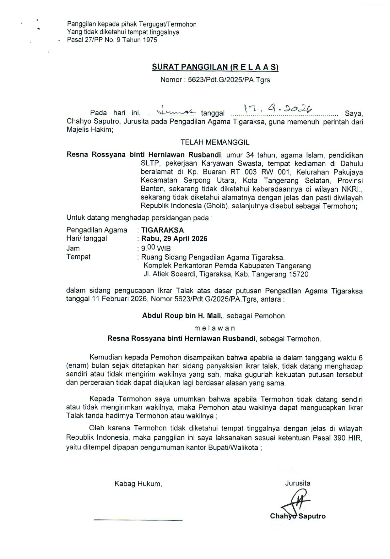Surat Panggilan ( R E L A A S ) Nomor 5623/Pdt.G/2025/PA.Tgrs