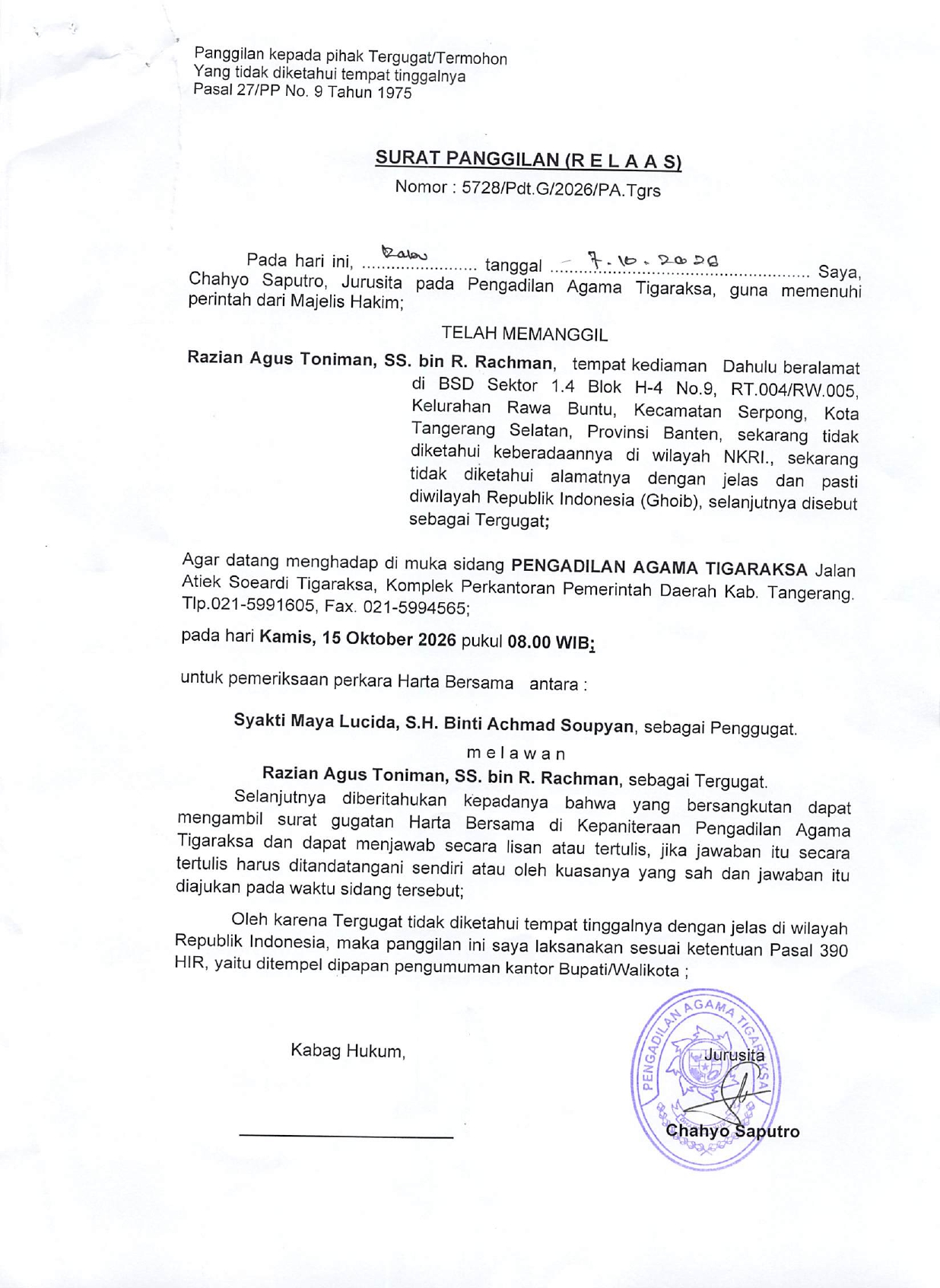 Surat Panggilan ( R E L A A S ) Nomor 5728/Pdt.G/2026/PA.Tgrs